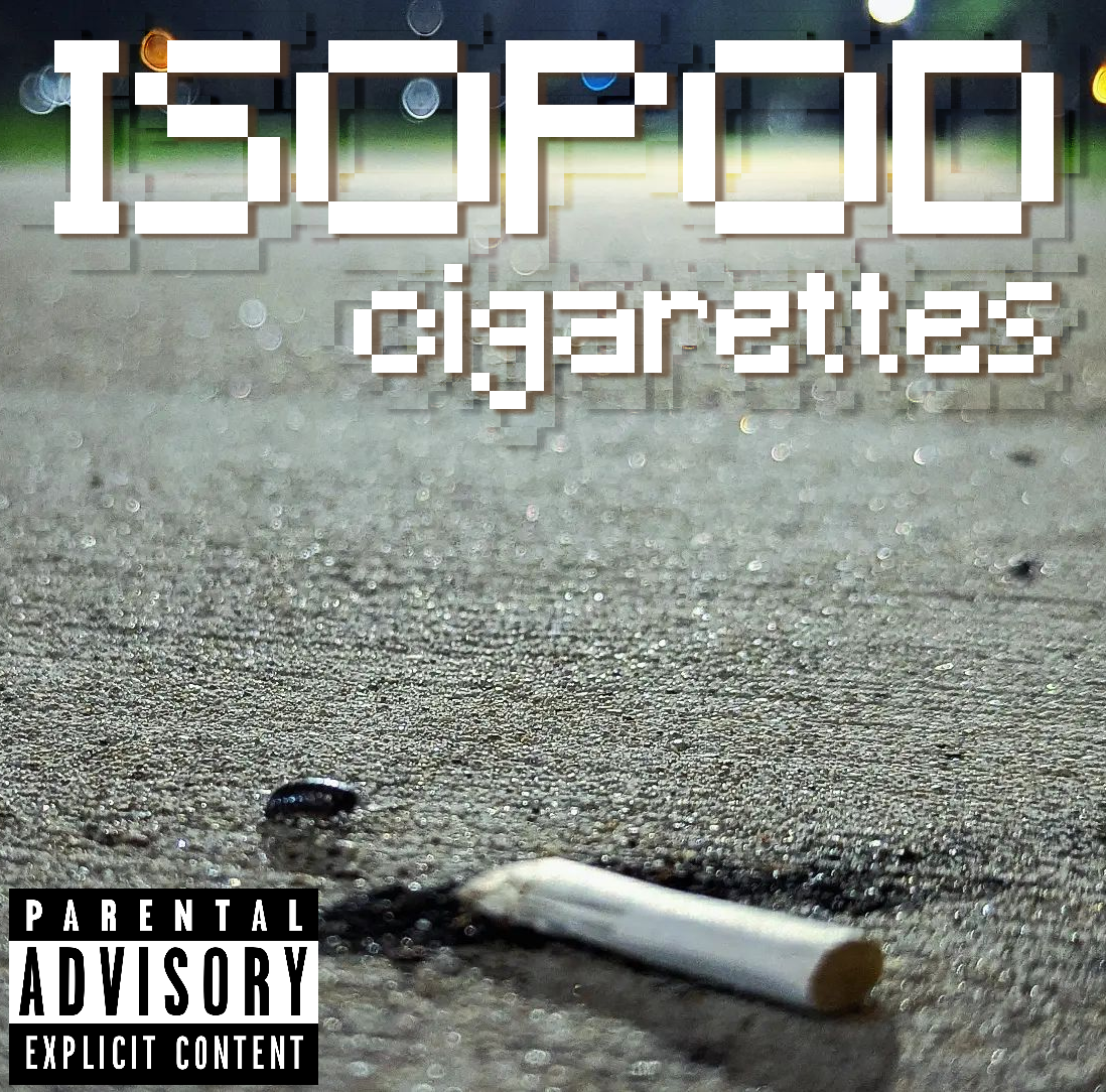 Image of a small isopod on concrete, next to a much larger cigarette butt with ash falling out of it.
The camera angle is low to the ground, with greenery and a dark sky visible in the background.
The text at the top is in the Minecraft font and says "ISOPOD cigarettes". It has several lower opacity echoes of the text surrounding it.
The bottom left of the image has the classic album cover sticker PARENTAL ADVISORY: EXPLICIT CONTENT edited onto it.