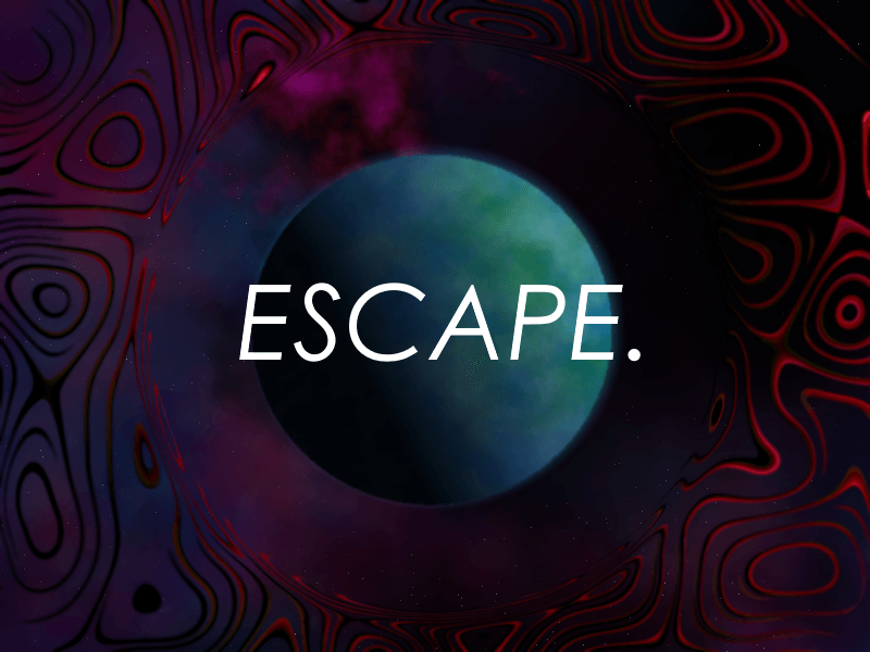 Picture of an earth-like planet in space, with red, rounded circular tendrils surrounding it. There is a small area cleared around the planet itself as they appear to turn to face it. Large white text covers the planet: "ESCAPE."